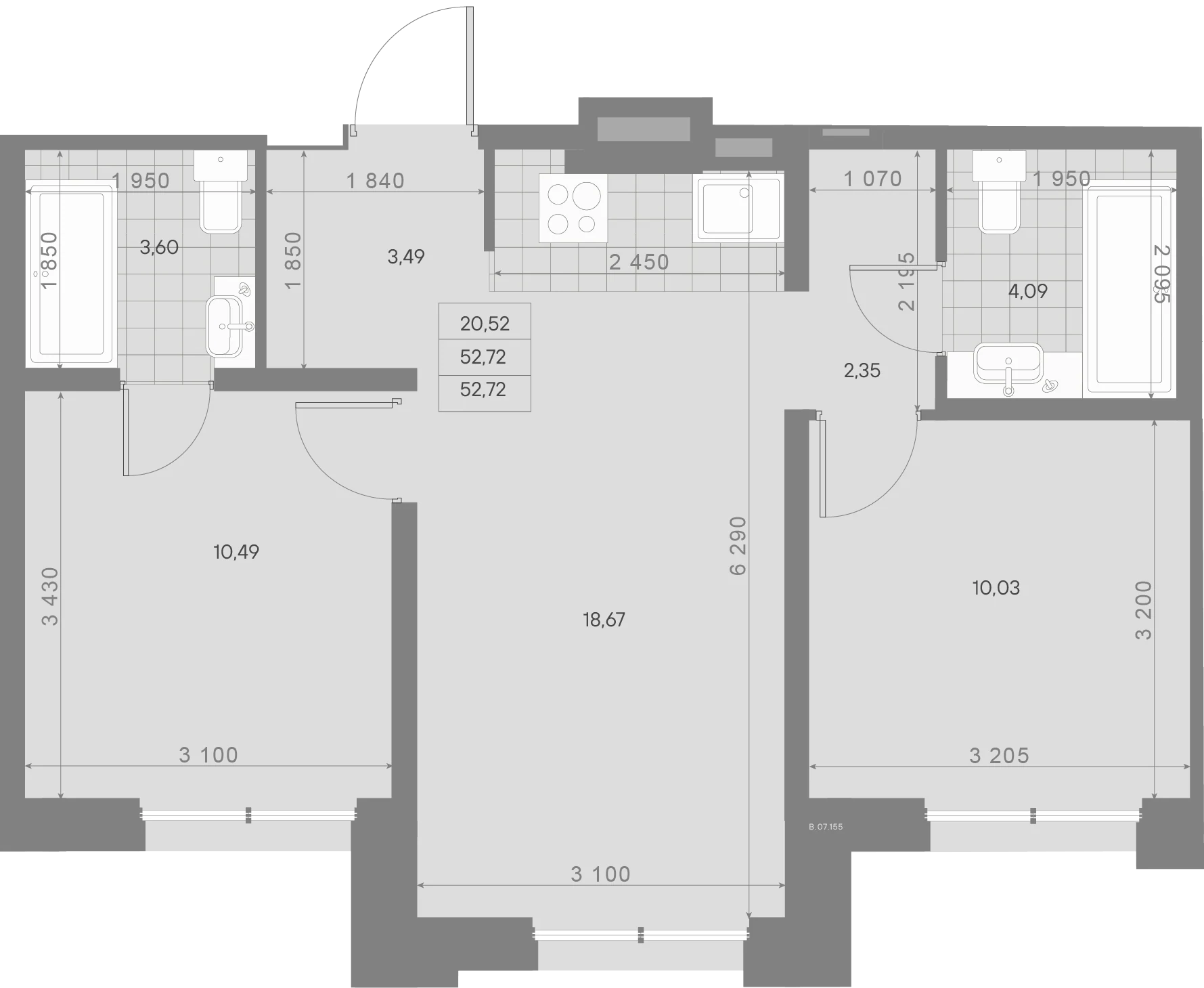 Планировка 2-комнатная 52,7 м² в ЖК «Alpen» — ЖК «Alpen»